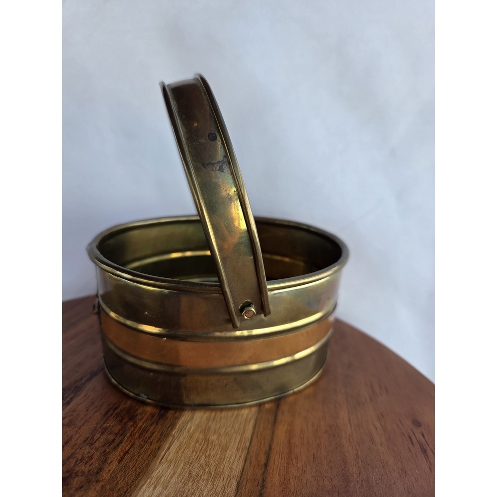 Vintage Small Brass Oval Bucket Planter Cachepot Swing Handle Ribbed Decor